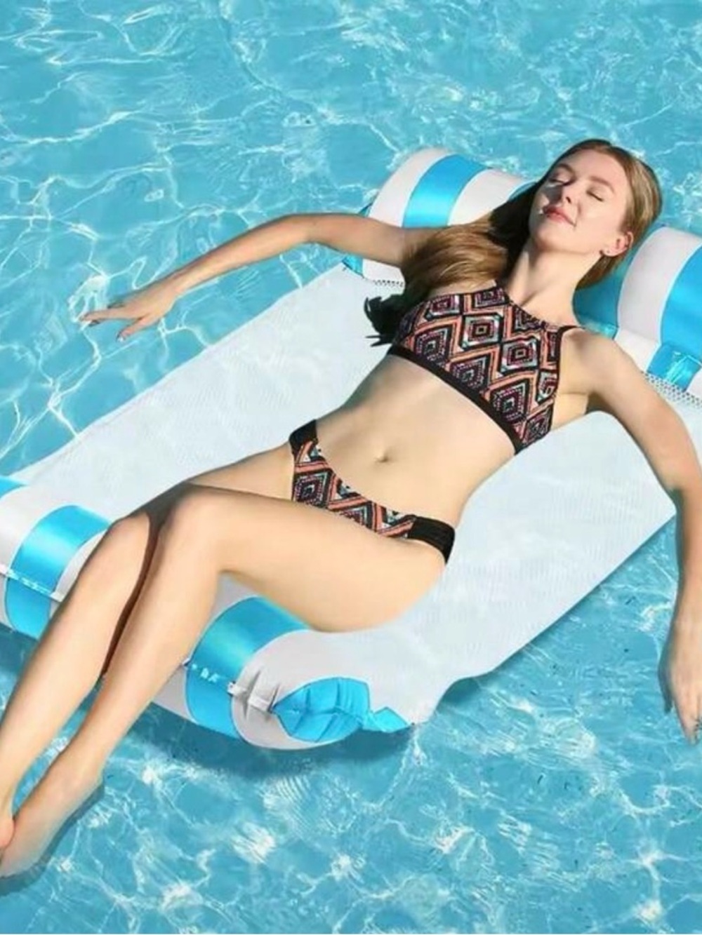 Geometric Print High-Neck Bikini Set - Black Accents